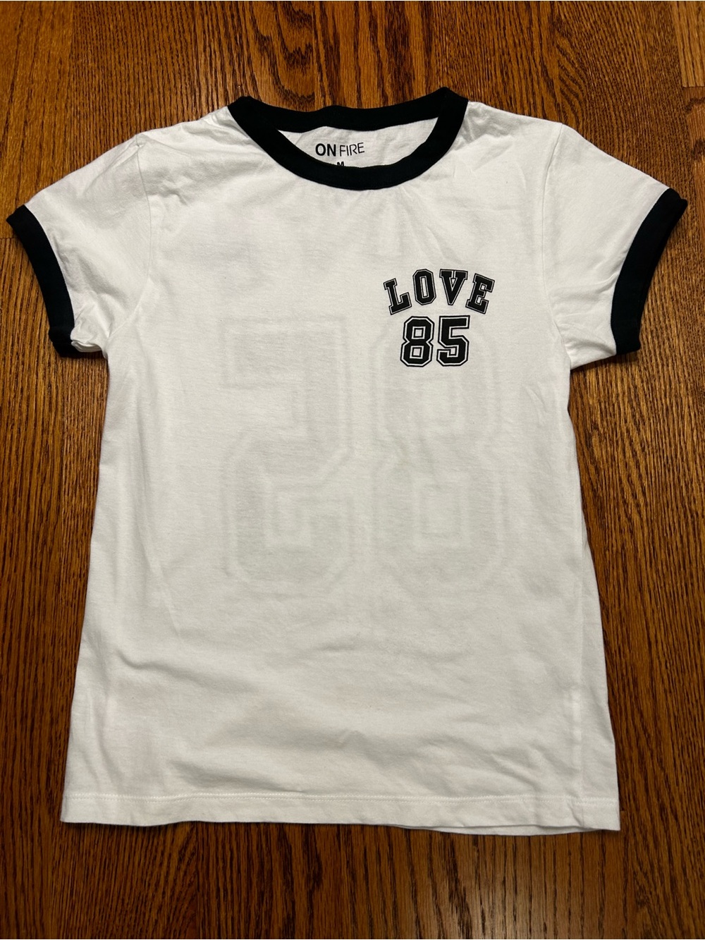 On Fire White Tee with Black Ringer Trim - LOVE 85